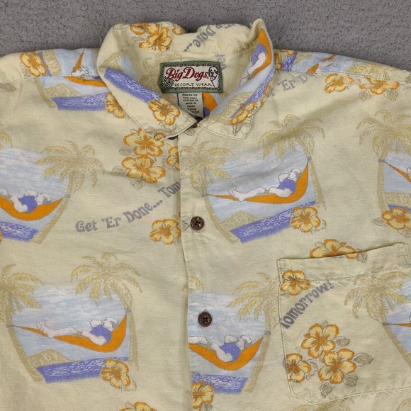 Big Dogs Hawaiian Shirt Men's Medium Yellow Linen Blend Button Down Get Er Done - Picture 5 of 12